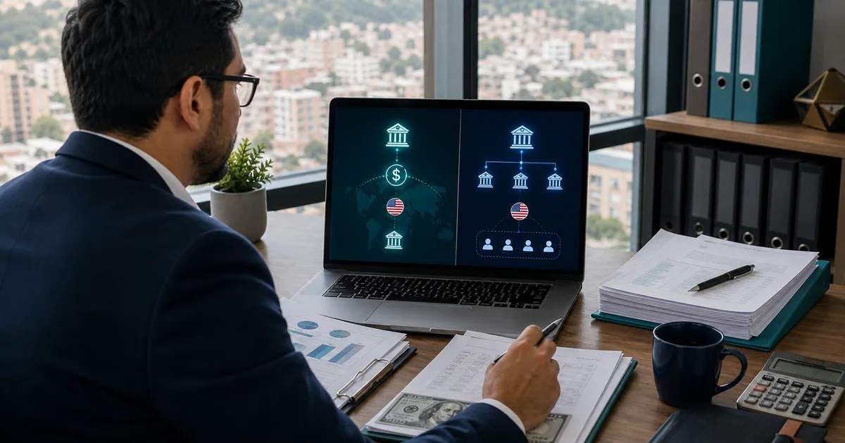 Responsable financiero comparando métodos de pago Wire Transfer y ACH para cobros desde Estados Unidos
